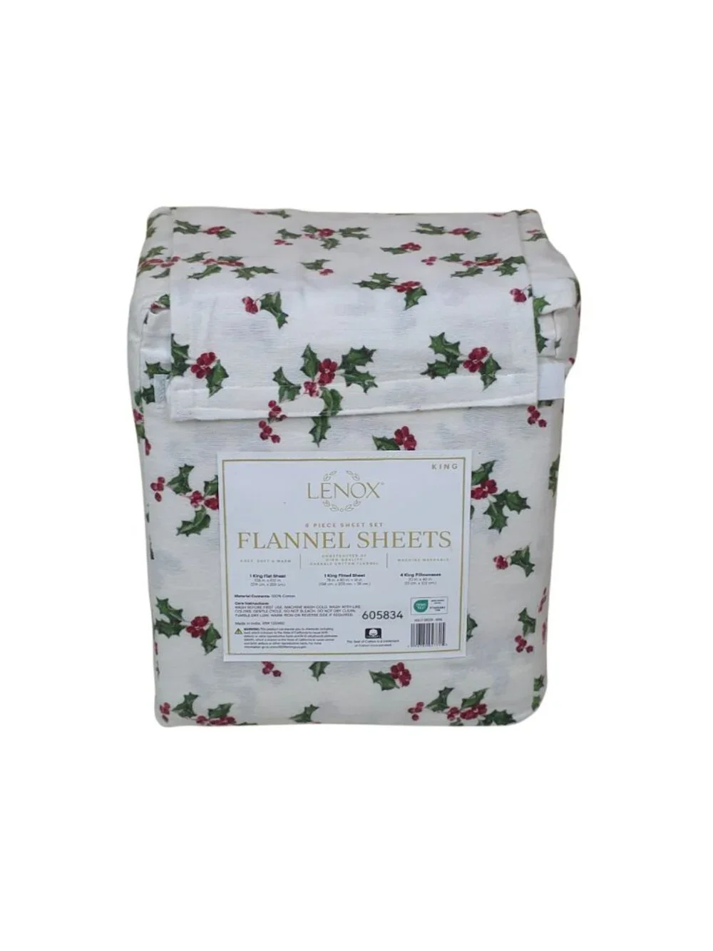 Lenox King 6-Piece Flannel Sheet Set Holly Green Pattern 100% Cotton Warm